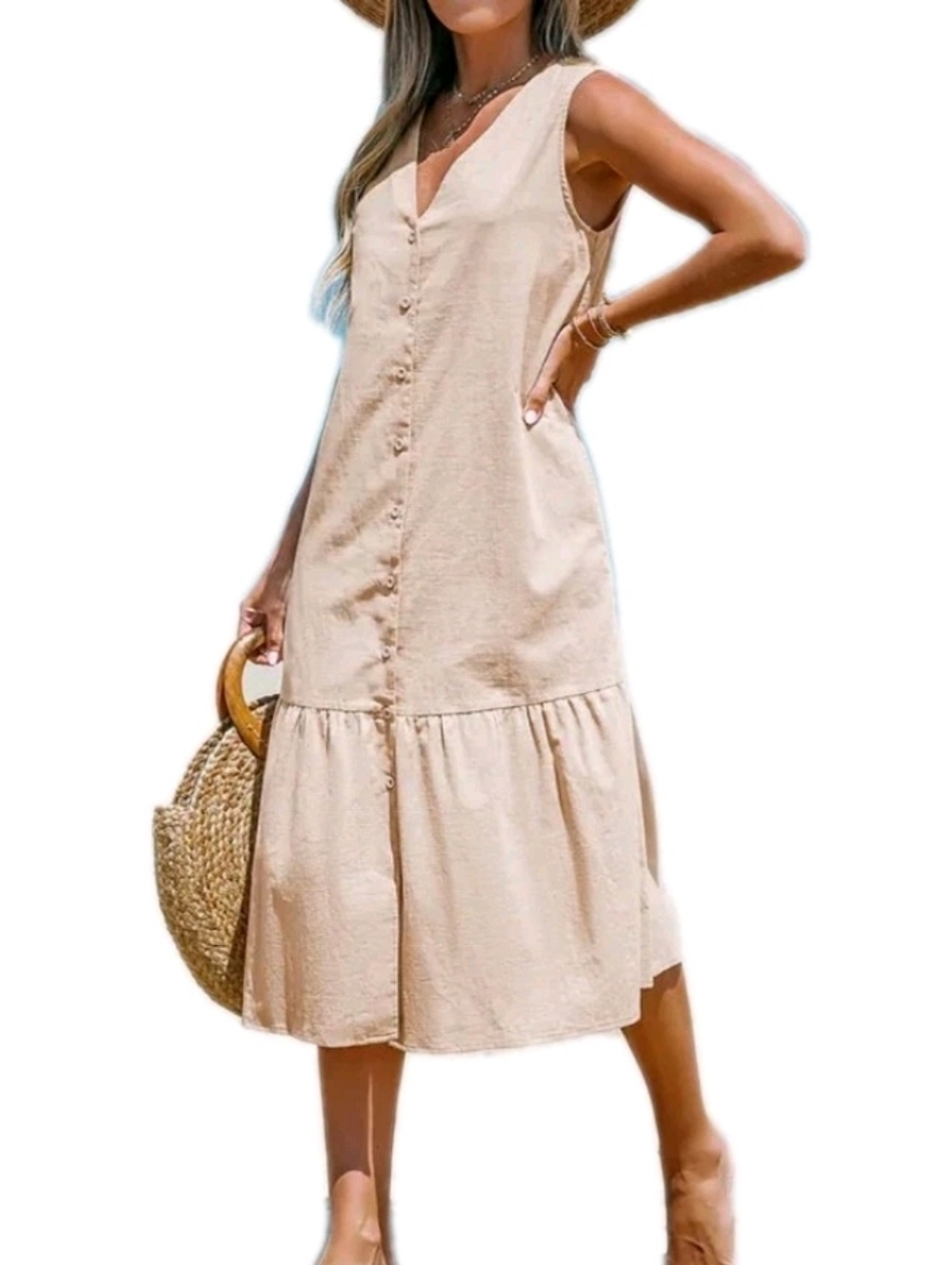 New Cotton V-neck Flounce Maxi Dress Neutral Minimal Sleeveless Summer Boho Sz M